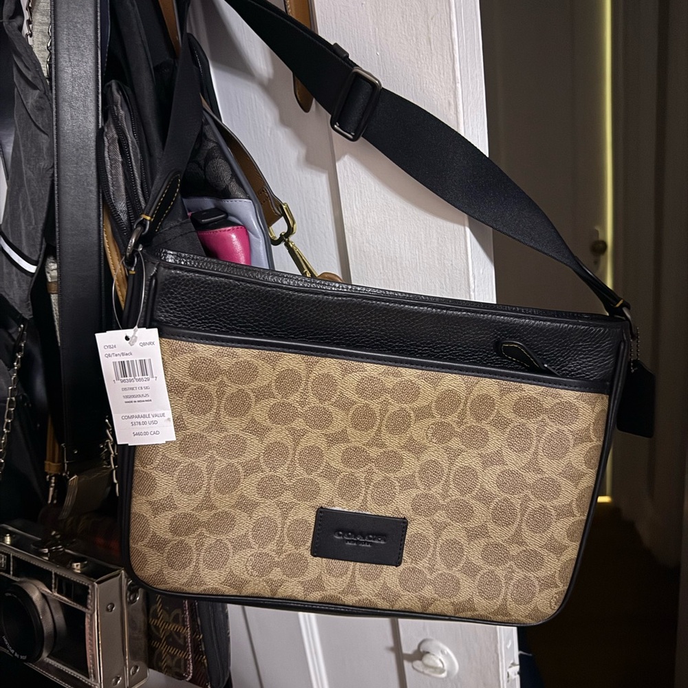 Coach Tan and Black Messenger Bag with Signature Monogram